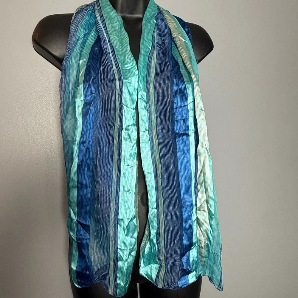 Marc Rozier Paris France Vintage 100% Sheer Silk Scarf 15x52 Turquoise & Blue